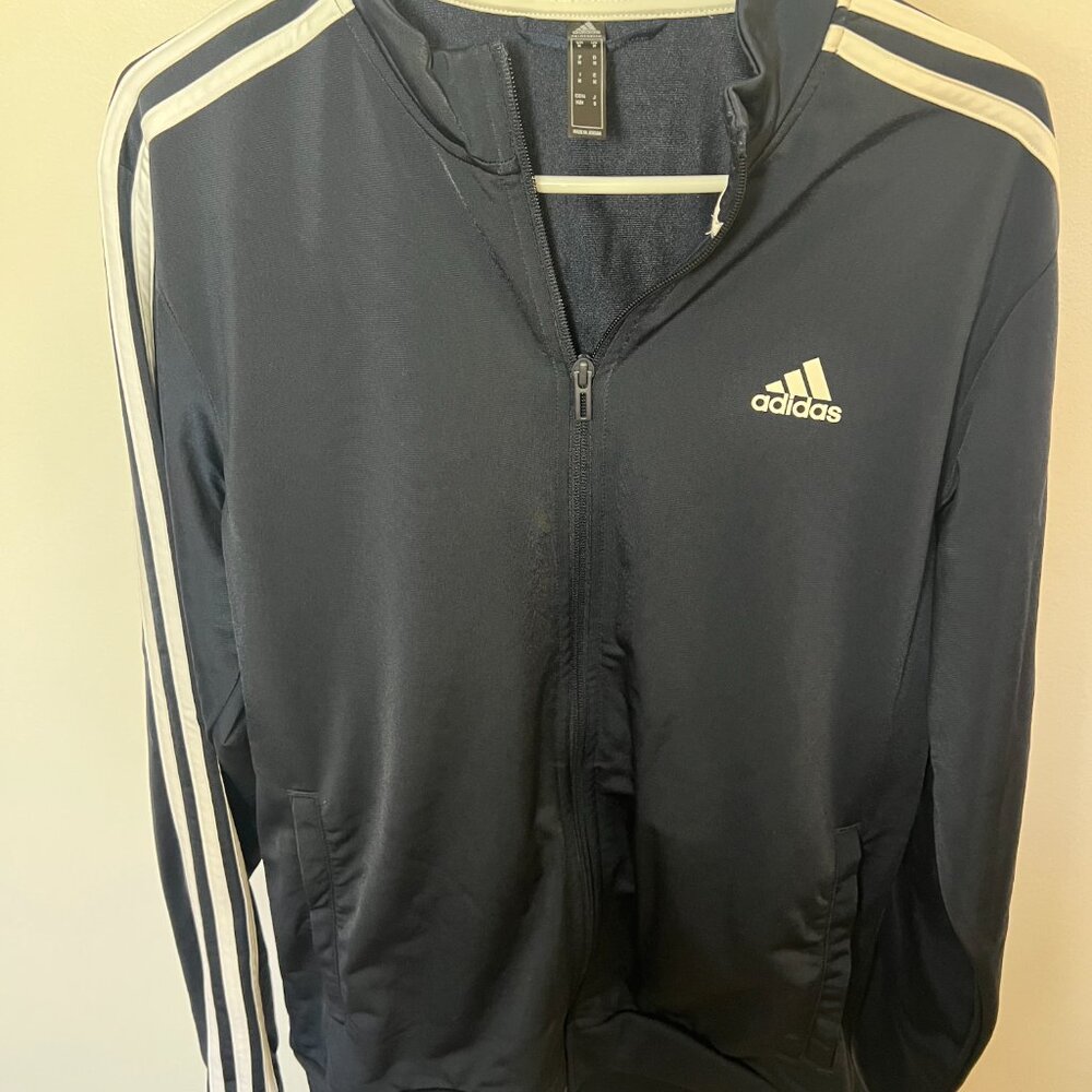 Adidas Men’s Track Jacket Size Medium Full Zip Navy Blue 3-Stripes Athletic